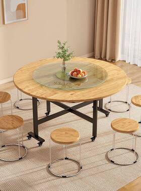 OOX实木折叠客桌厅家用可移动餐小户桌多功能大型圆桌吃饭折叠桌