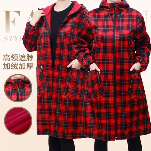 加长加绒女士罩衣大褂防水护衣保暖外套中长款工作服秋冬长袖围裙