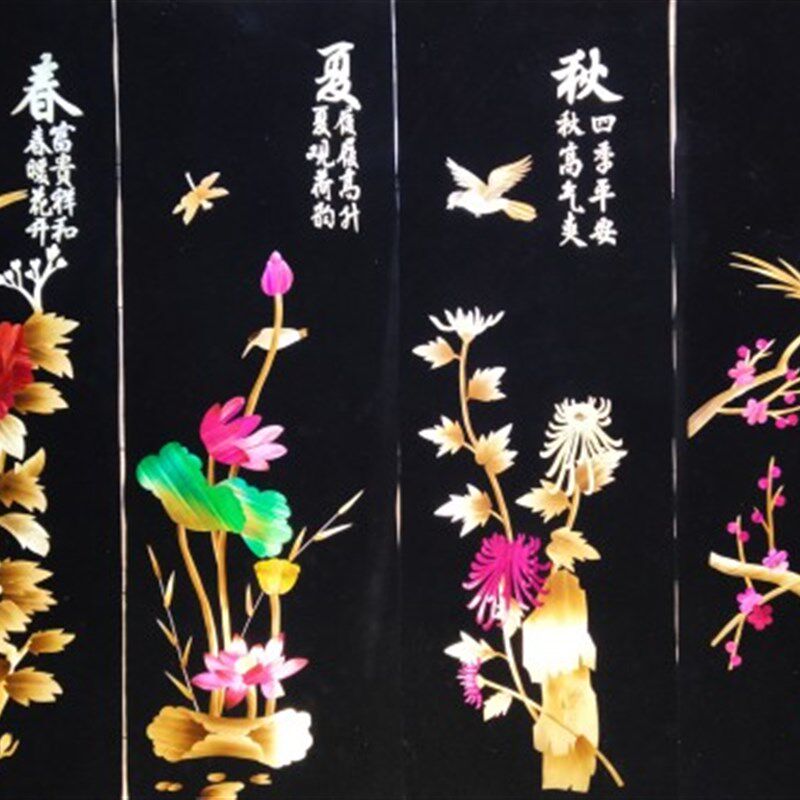 麦秆画四条屏画芯 地方特色工艺品 办公室酒店餐厅民宿家装挂屏