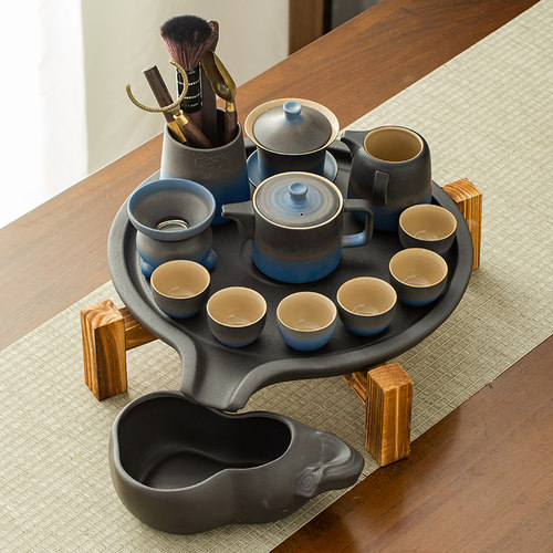 创意茶具套装现代黑陶简约功夫茶杯复古石磨茶盘小套家用茶器中式