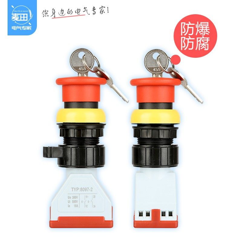 BA8097防爆防腐带钥匙急停按钮 蘑菇头带锁旋转控制开关配电箱