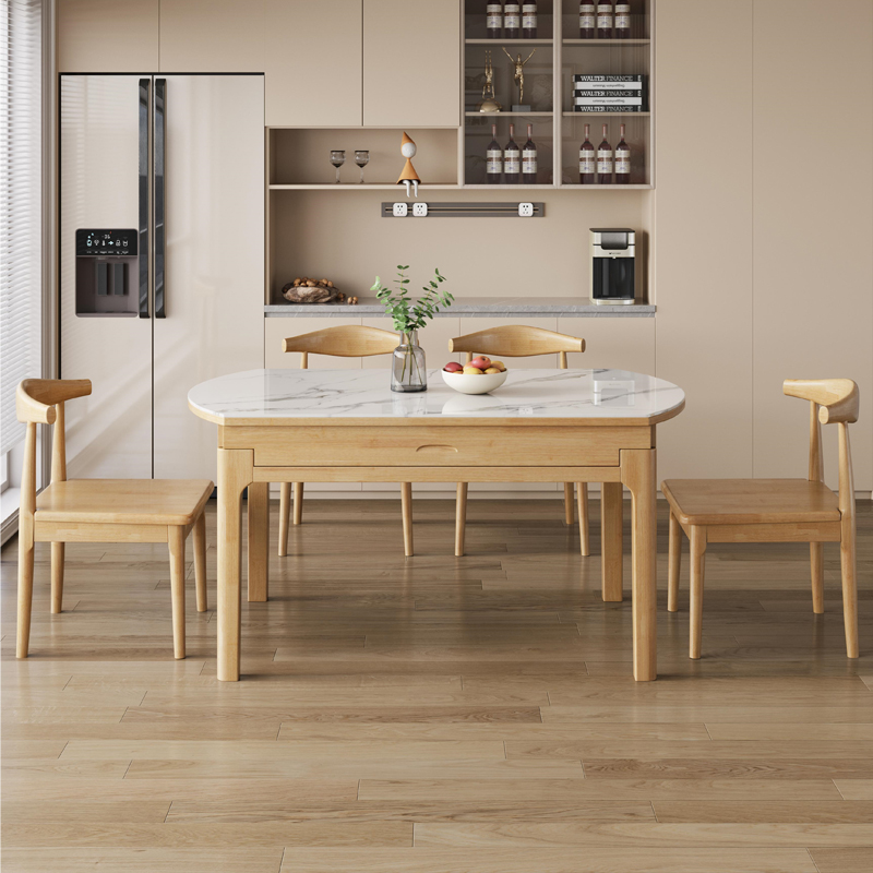 岩板餐桌椅家用小户型现代简约折叠伸缩圆桌橡胶木全实木饭桌