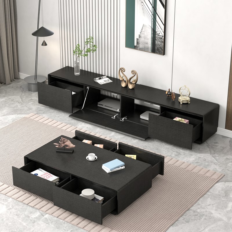 现代简约电视柜茶几实木黑色木纹高级感客厅小户型落地柜定制