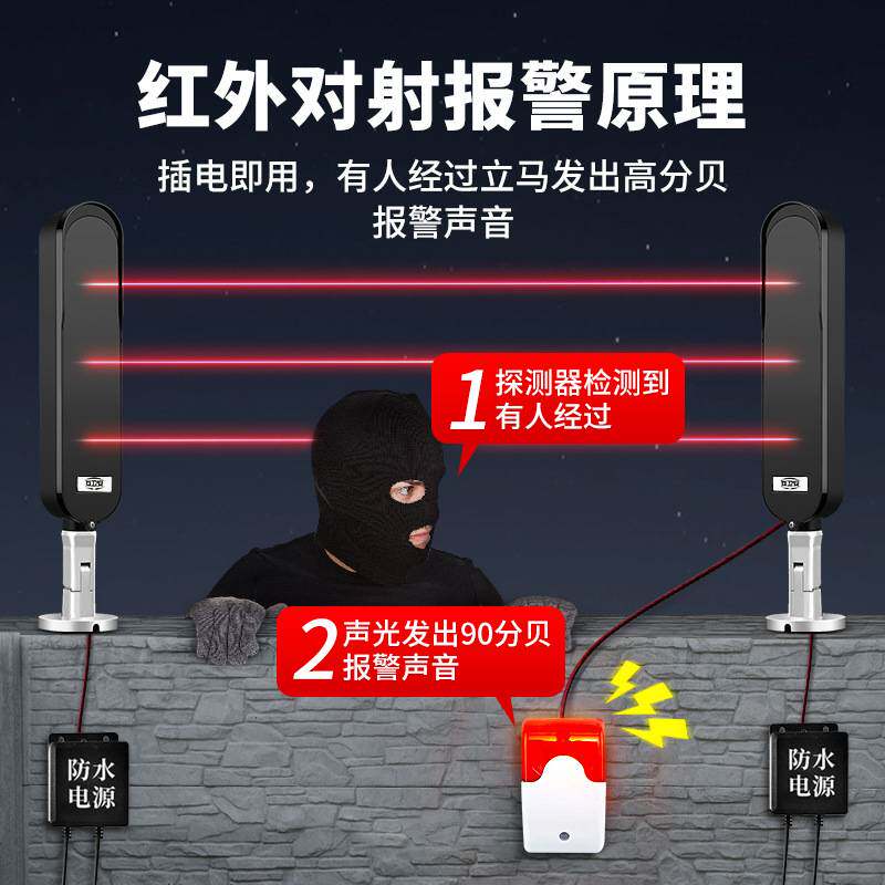 智能防盗红外光栅户外家用防水围墙对射报警器无线安装高防护等级