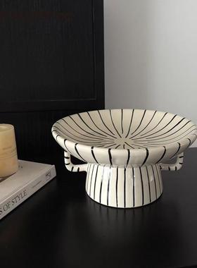ilentW纹indT28寂风法式中古黑白条盘陶瓷S水果摆件客厅茶几家用