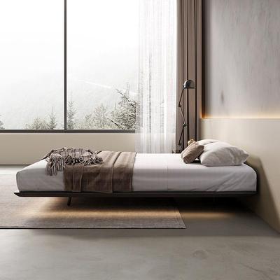 无床头悬床实木现代简主浮卧意式极简排骨架74111靠无背床双人约