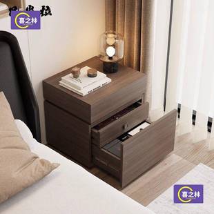带藏暗格抽纯屉储物柜纹IOU锁款床边柜实木床头柜意式隐极简卧指