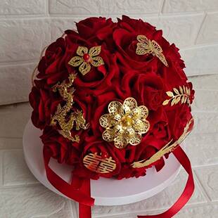 新款新娘结婚手捧花中式婚礼绒布仿真玫瑰花韩式婚礼手抛花束布料