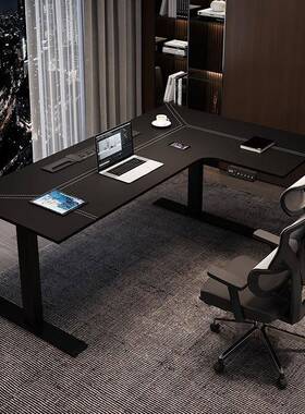 升降书桌电动转角书台L电子脑桌马鞍办公桌宽敞皮589桌面型工作台