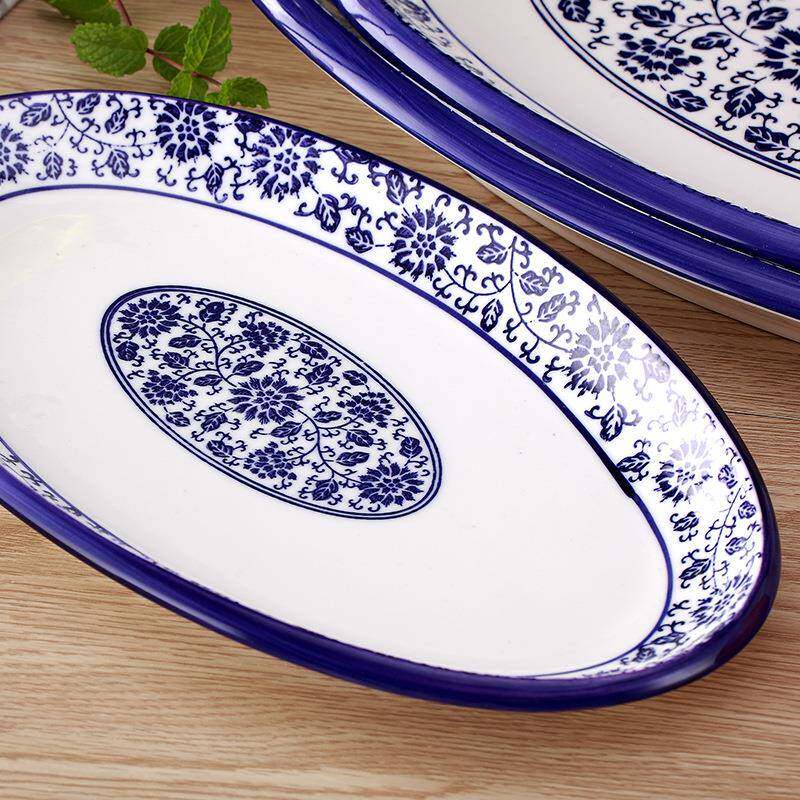 餐意具鱼盘创陶瓷盘子彩大号家EMS用釉下青花瓷蒸装鱼盘蒸烤全鱼z