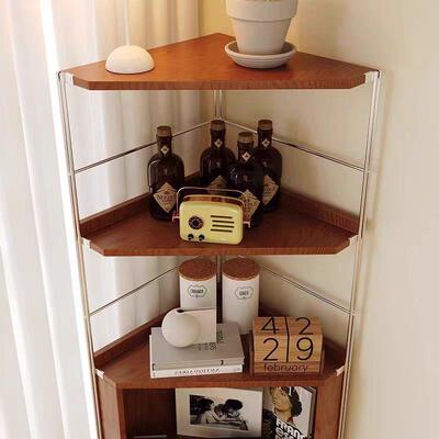 实木转12856置角物架不锈钢三角展功示柜客厅多能墙卧角室中古收