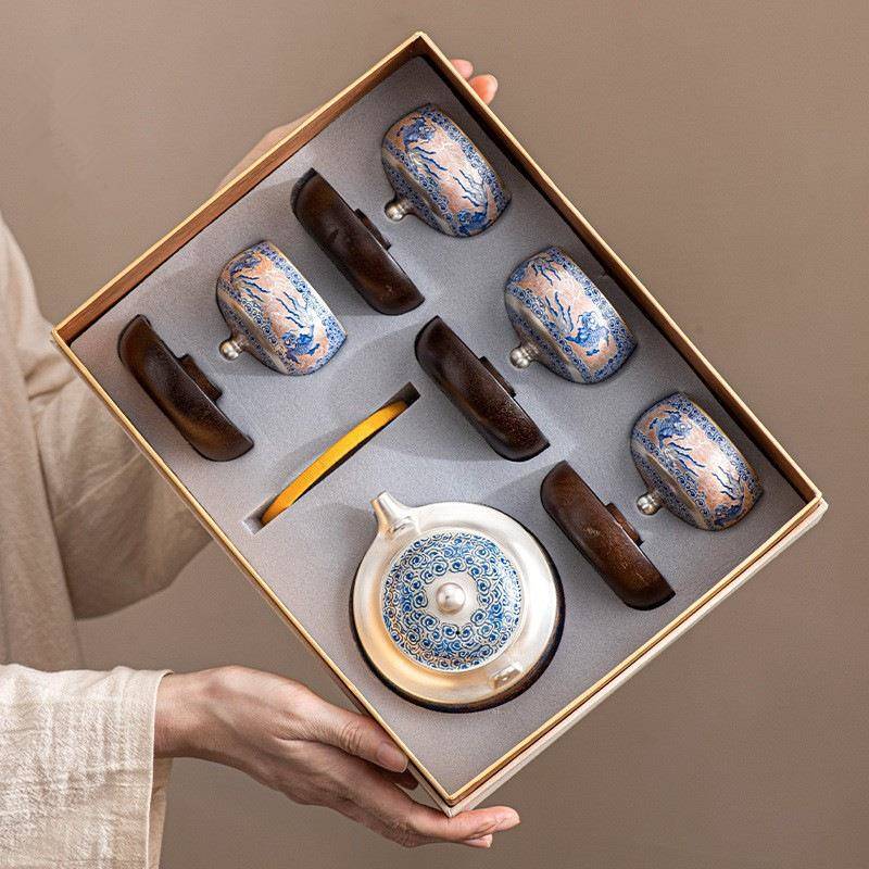 新款鎏银泡茶壶防烫提梁壶喝茶品茗杯旋转主人杯一壶四杯茶具套装