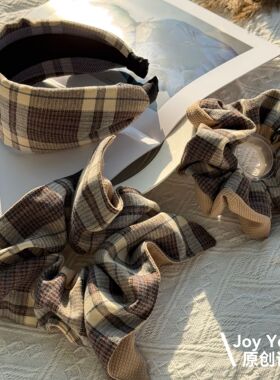【黛垣物语】秋冬韩式气质格子学院风原创设计宽发箍发圈方巾发饰