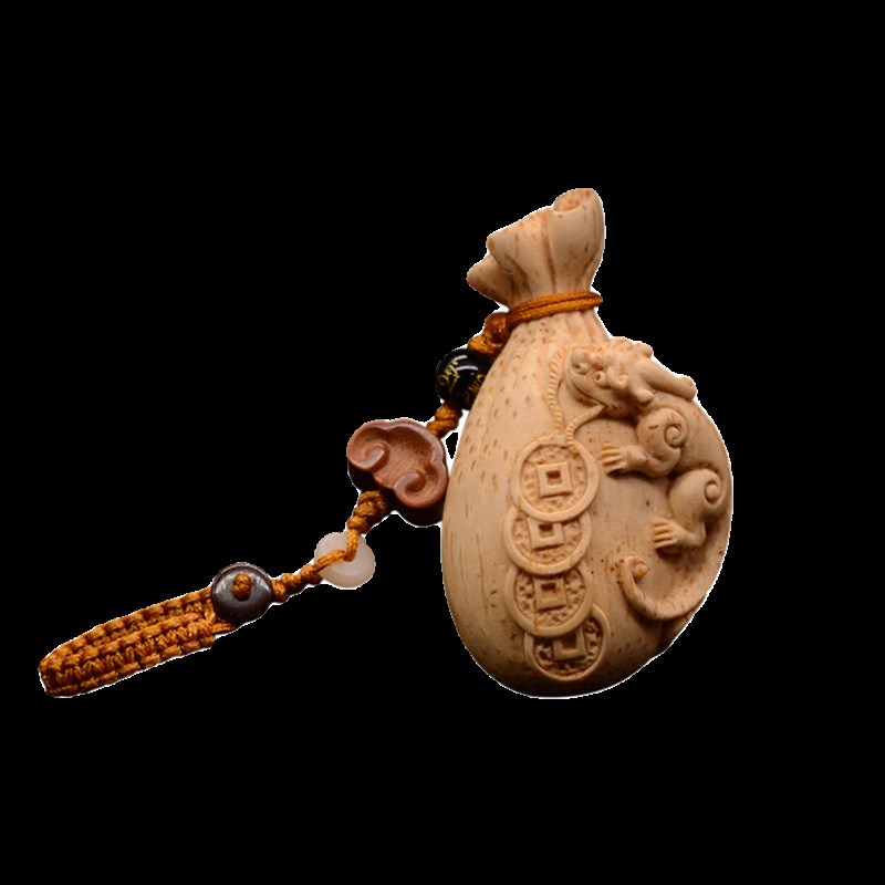 天然老竹根雕刻螭龙钱袋 纯手工竹雕貔貅福袋 招财进宝手把件挂件