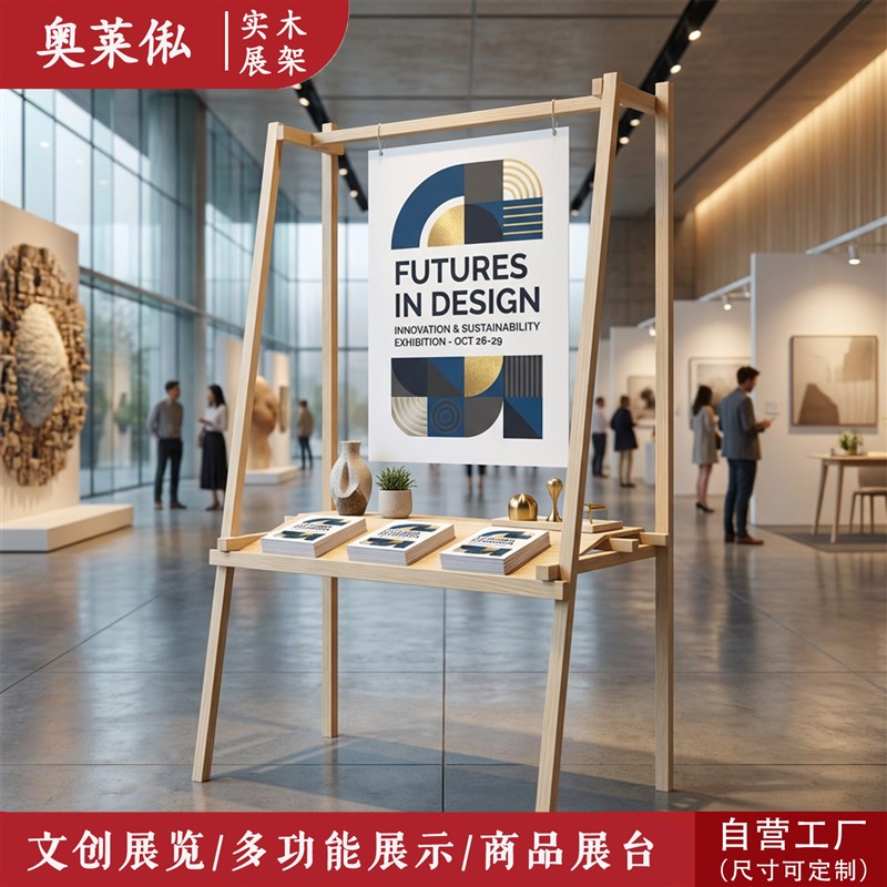 商用广告展台展会KT板海报展示架实木多层陈列展台文创展览中岛台