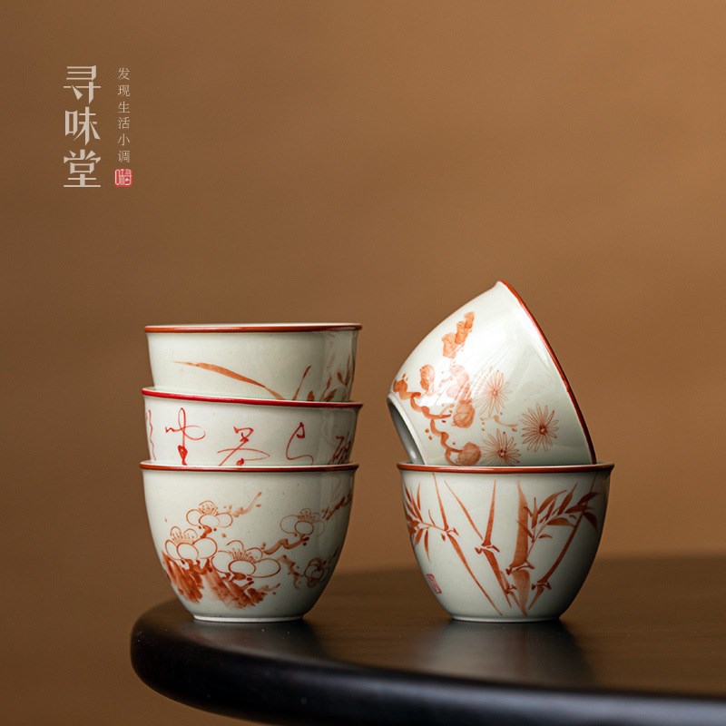 草木灰釉手绘缸杯复古风素雅品茗杯中式小茶杯陶瓷功夫茶具茶盏