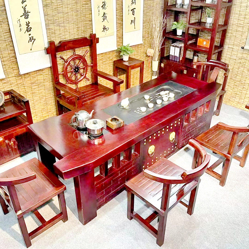 老船木茶桌椅组合客厅中式老船木茶几茶具棋盘套装一体功夫泡茶台