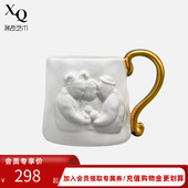 稀奇艺术桃园三结义浮雕骨瓷杯个性 水杯子礼品描金把手骨瓷杯