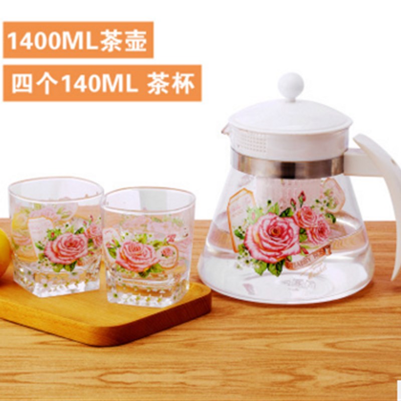韩式高温耐热无铅烤花玻璃花茶壶,咖啡壶,一壶四杯礼盒装