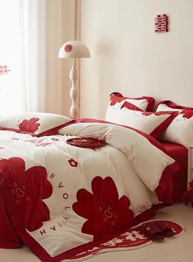 结婚喜庆布四件红色新婚F98SHM8M陪嫁纯棉贴绣被套单套婚嫁床床上