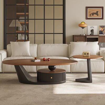 椭圆形轻奢实木层板岩茶几组合中HRR古板型油风新款家用客厅小户