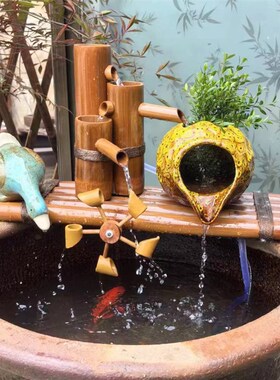 循环流水陶罐生态缸古法养鱼庭院造景摆件室内增氧竹子流水过滤器