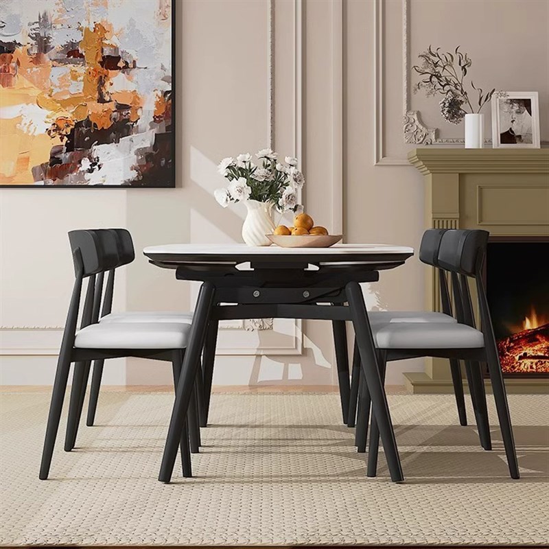 实木岩板餐桌可变圆桌小户型家用桌子现代简约饭桌可伸缩折叠圆桌