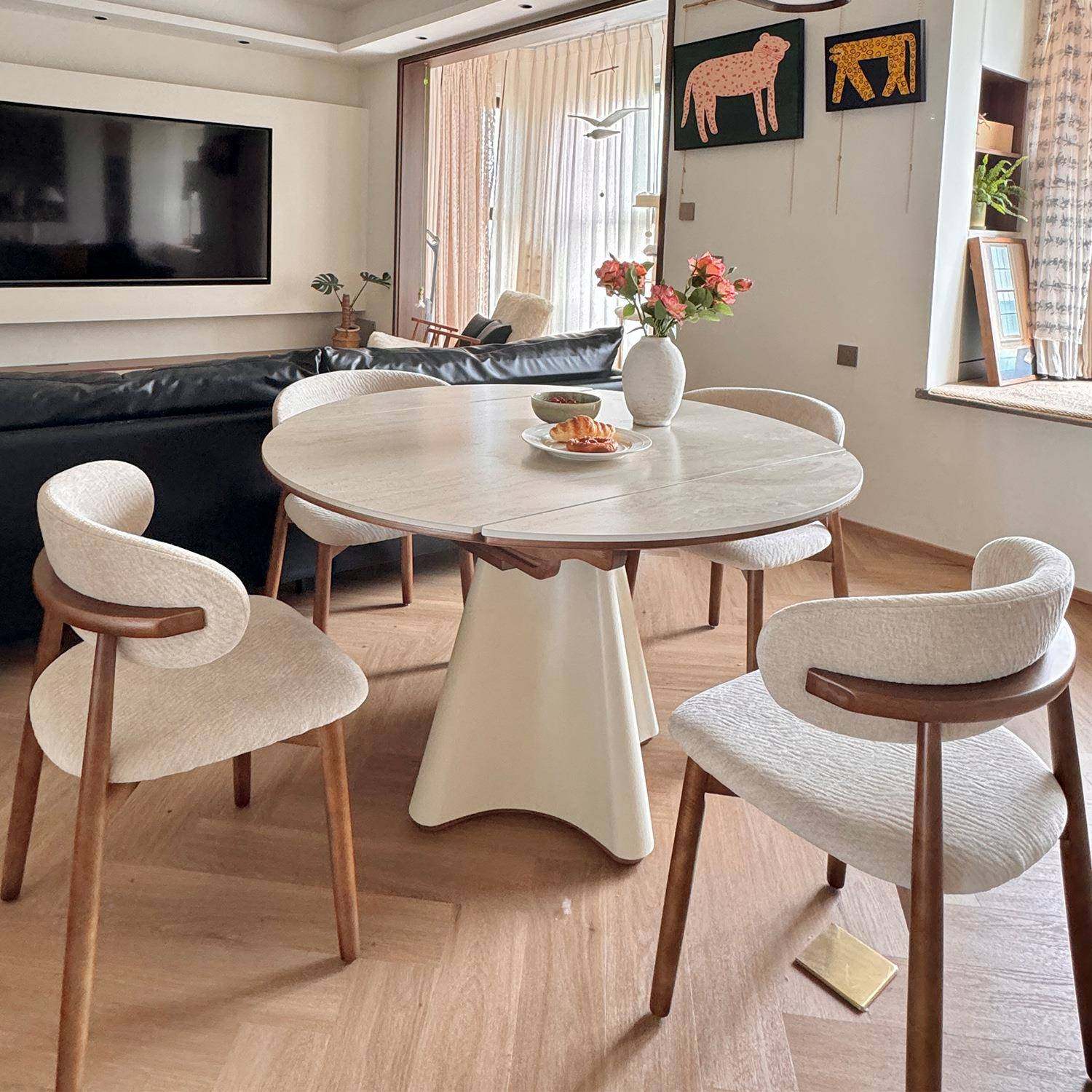 奶变油风岩板餐圆桌可桌家用木方圆两用餐桌小户型法LMY01式简实