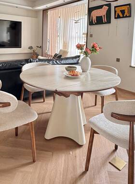 奶变油风岩板餐圆桌可桌家用木方圆两用餐桌小户型法LMY01式简实