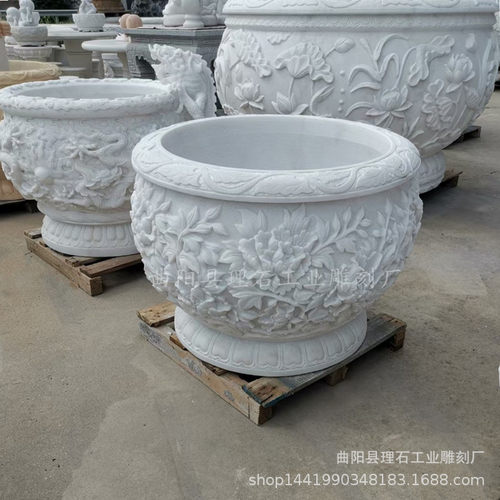 石雕汉白玉花盆牡丹花浮雕庭院石缸户外养鱼种花庄园别墅庭院摆件