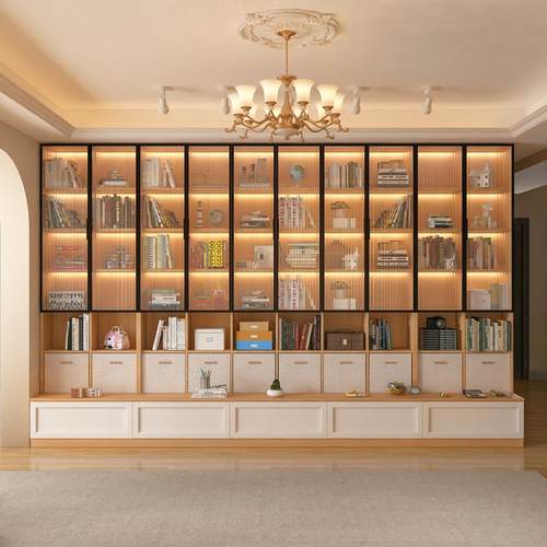 W7实体木儿满童墙书柜定制TID一到顶客厅书收架纳整墙组合电