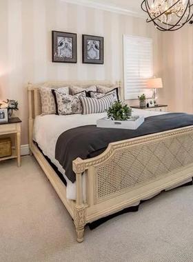 式藤编实木复古床双婚床白色做旧高背MTC公法主床高人端女孩主卧