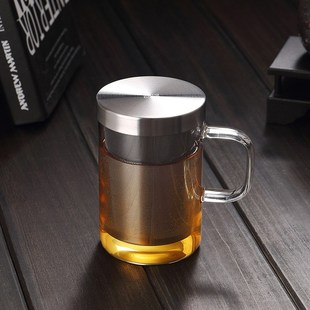 尚明玻璃花茶杯茶水分离杯公室用泡茶杯子带盖不锈钢过滤茶杯