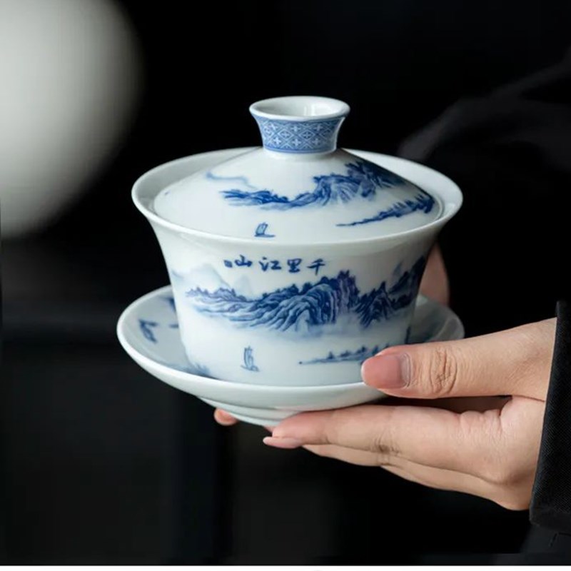 仿古青花瓷特大号八宝茶三才盖碗茶杯单个功夫茶具泡茶碗手抓碗