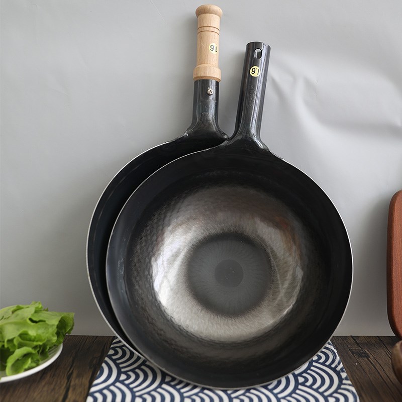 原装山田工业所熟铁锅炒锅家用圆底手工锻打炒勺木柄铁锅
