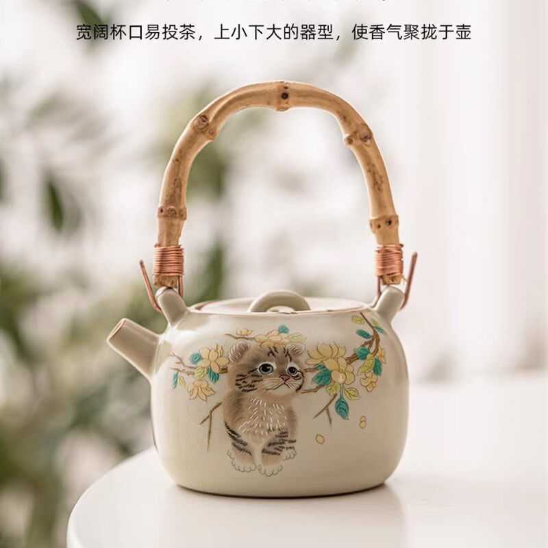 汝窑米黄猫咪提梁壶送礼自用功夫茶具可开片养线精致养金丝铁线