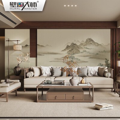 湖山春暖图刺绣壁布背景墙纸中式古风聚财山水壁纸客餐厅壁画新款