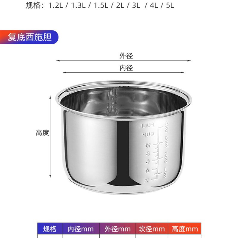1.2L/2L通用不锈钢内胆 智能电饭煲内胆 3LL5L 30加厚配件 家实