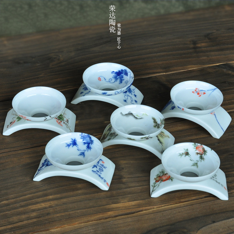 陶瓷青花瓷茶滤高温白瓷釉下彩茶漏功夫茶具配件描金茶过滤网家用