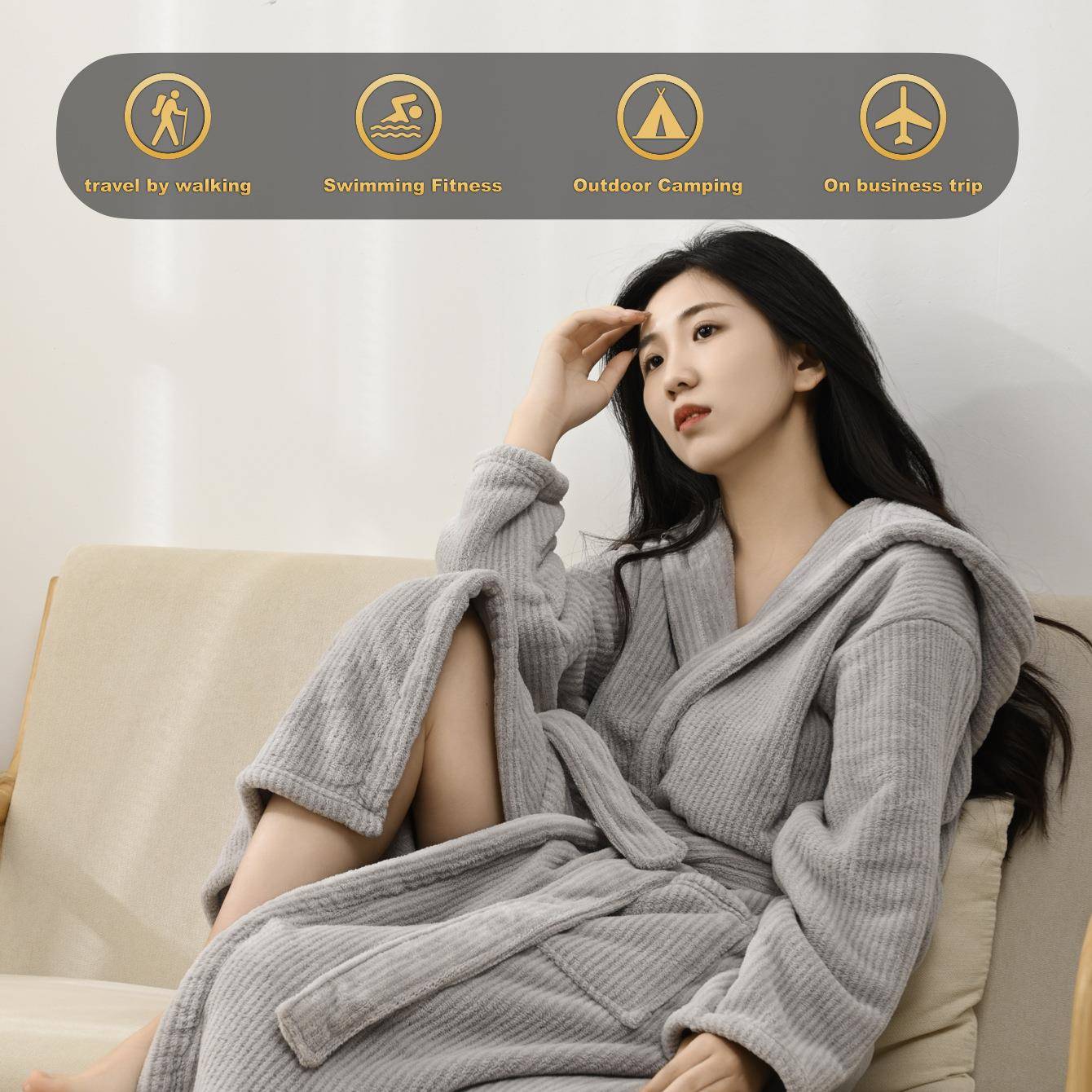 酒店用浴袍女士珊瑚绒条浴衣带帽加纹境厚条纹珊瑚睡袍跨家冬季款