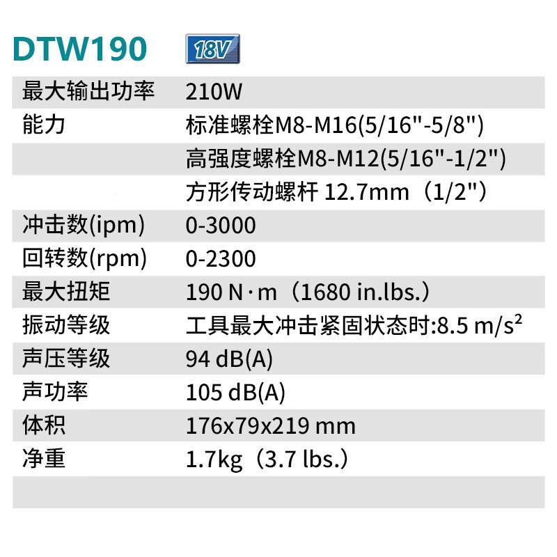 冲（MAWKITA）DT190987STJ1充电式击扳手汽修套筒风炮1V85.0Ah两