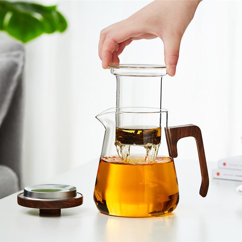 热玻过璃94682泡茶壶茶家用大容量水分离花耐茶壶滤茶水壶木把飘