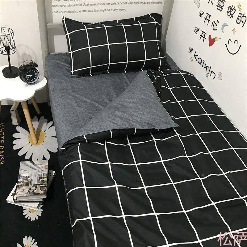 日系黑双面格上条纹四5hMcF4a件套学生宿白舍床单被套枕套单子人