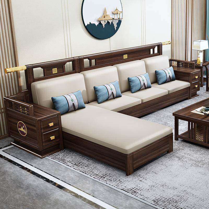 中新式金木全可实木沙发组合家用乌GNX客厅贵妃冬季两用储物纯实