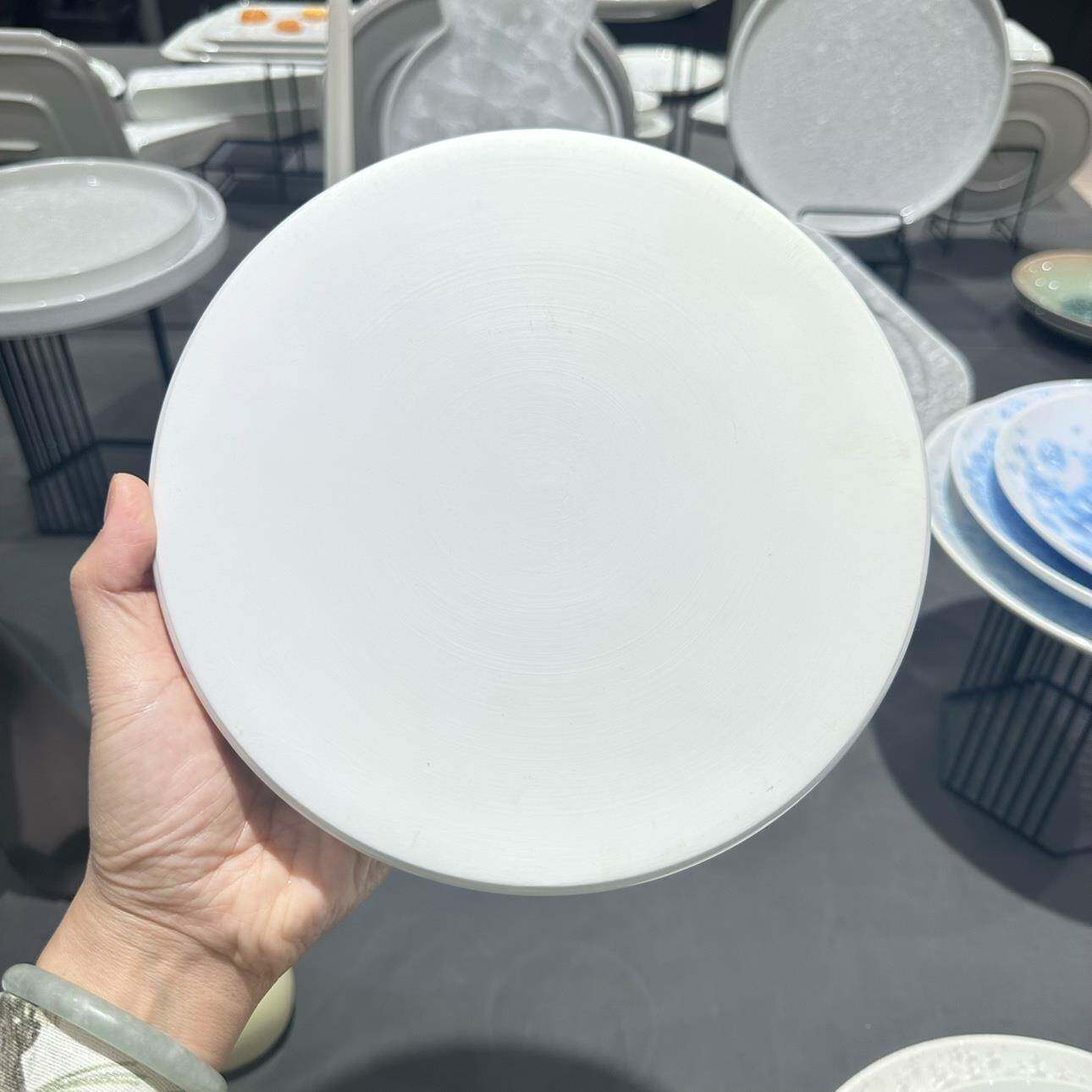 中式陶瓷壶茶盘茶托窑变白冰花茶承盘可当西盘平盘浅盘点点餐F77T