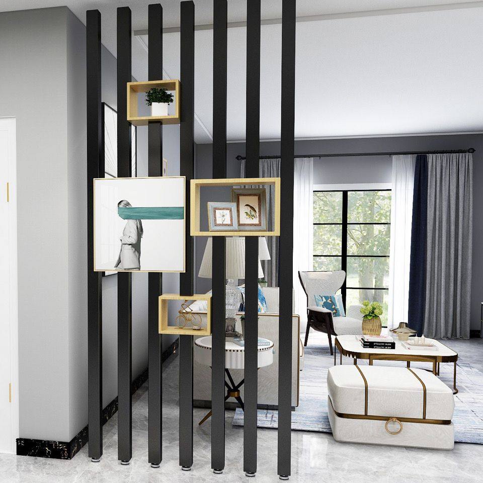 现代简约铁艺柱子入户屏风实木客厅餐厅隔断镂空办公装饰竖条玄关