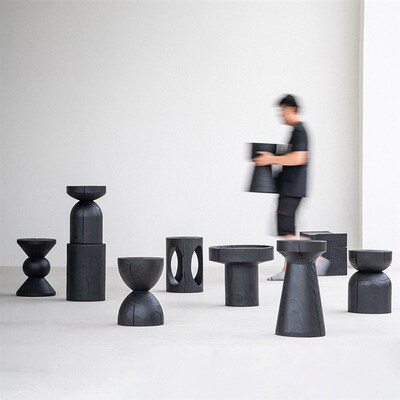 叁几 侘寂风实木墩子碳化黑色凳子民宿边几茶几摆件原木矮凳角几