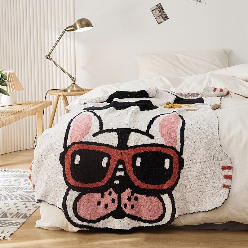 红石榴 半边绒沙发毯针织盖毯 法斗熊猫软绵绵毛毯午睡毯子床尾巾