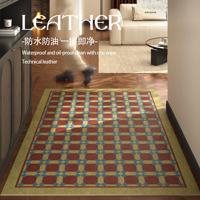 棕色格子美拉德风入户地垫复古pvc家用防滑耐磨免洗可擦蹭脚地毯