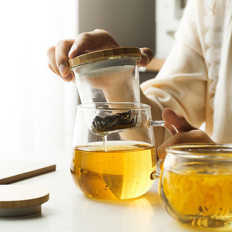 玻璃杯家用喝水杯咖啡杯大肚杯带把带盖过滤泡茶杯透明杯子花茶杯